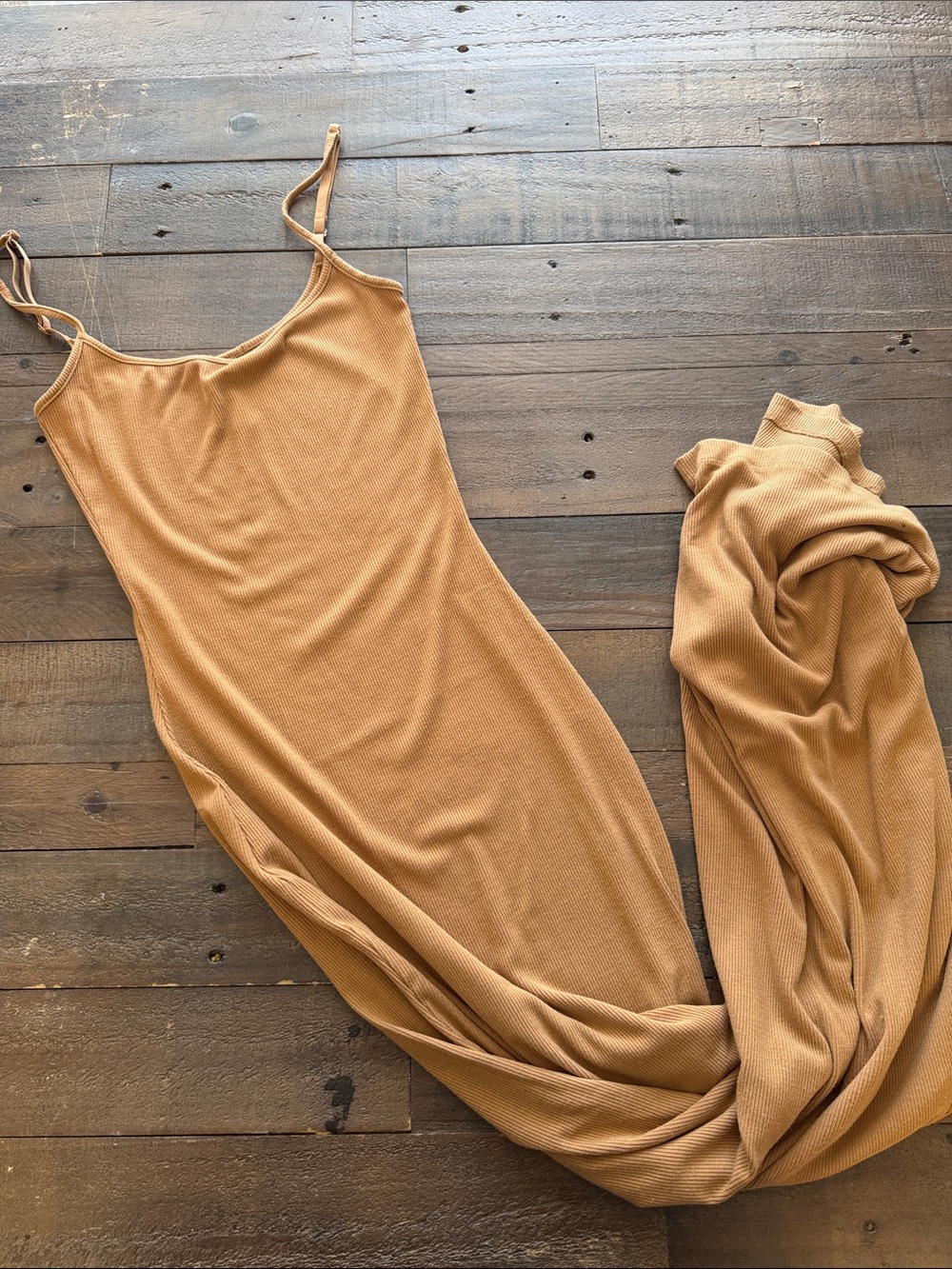 SKIMS Ribbed Long Soft Lounge Slip Dress Ribbed Stretch Tan Camel - Picture 4 of 9